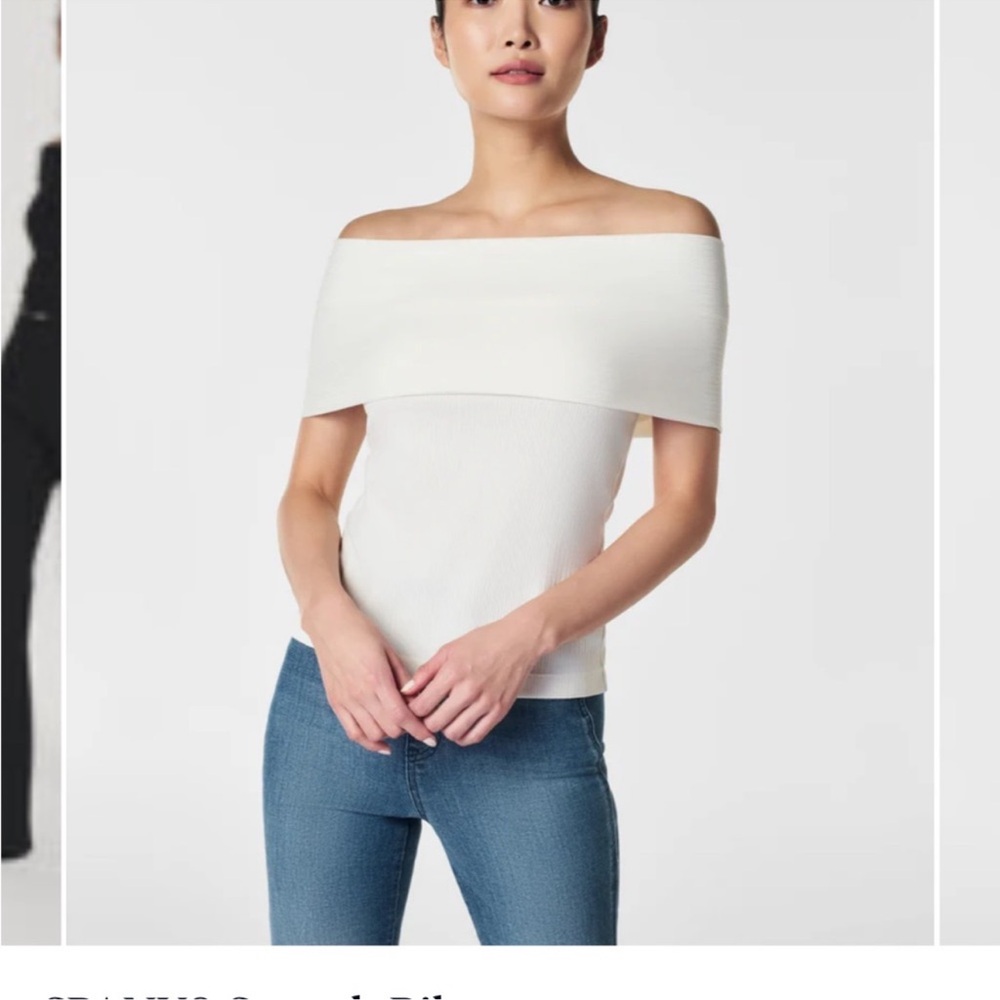SPANX Ribbed Off Shoulder Stretch Top Size in Powder Cream Medium NWT